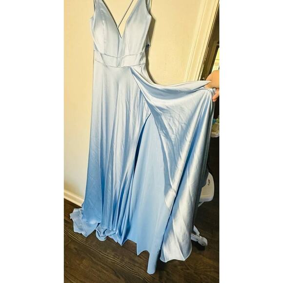 Ieena Mac Duggal Satin Strappy- Back High Slit Powder Blue Lace Up Back Gown 8 - Picture 9 of 14